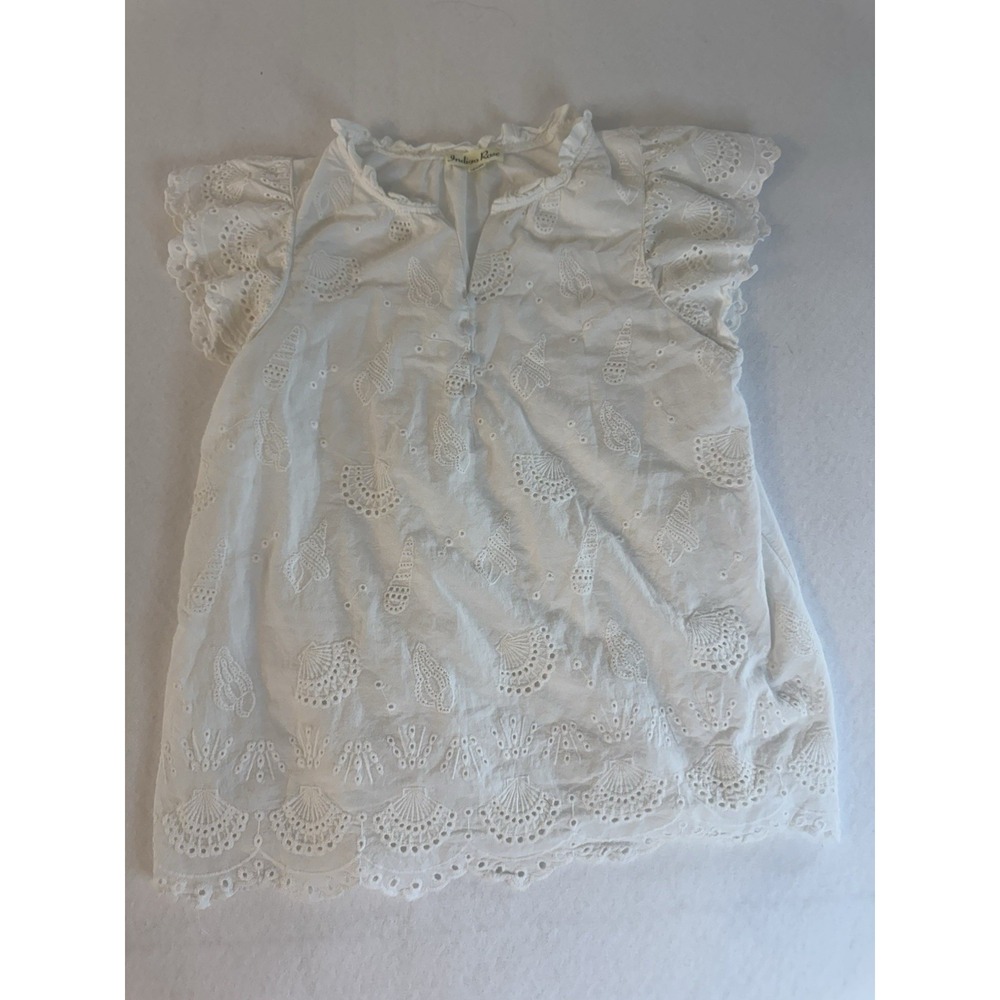 Indigo Rose White Eyelet Seashell Blouse Ruffle Flutter Sleeve Cotton Top PM